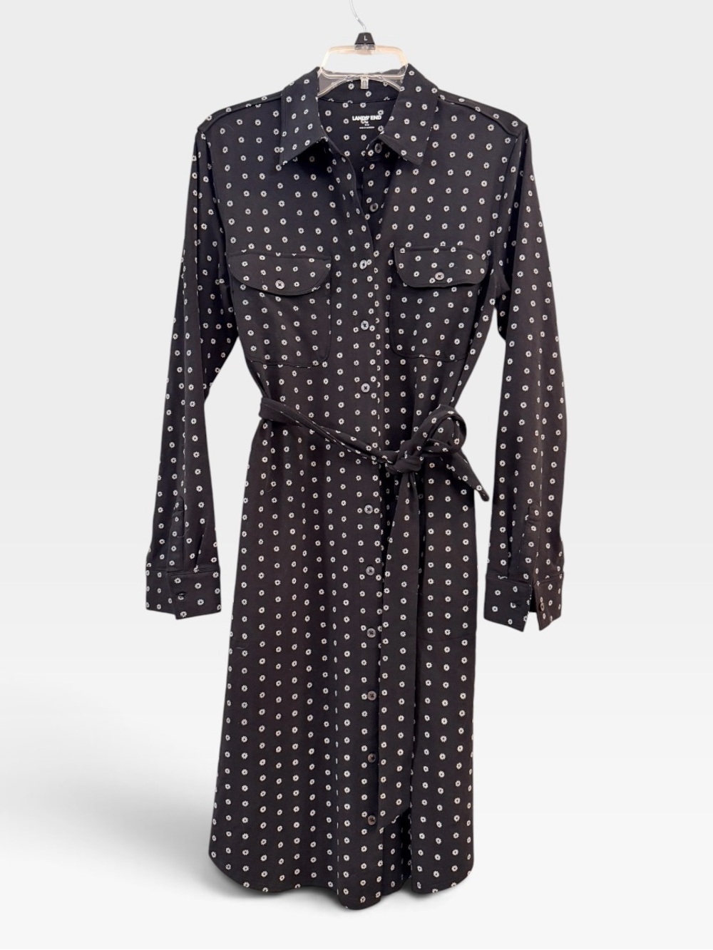 Lands End black white flower all over print shirt dress